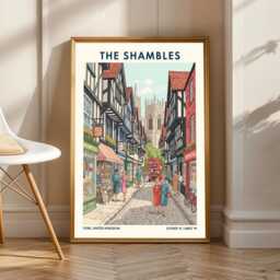 York Shambles Vintage Travel Poster Red, Blue & Green UK Cityscape - thumbnail 1