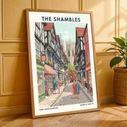 York Shambles Vintage Travel Poster Red, Blue & Green UK Cityscape - thumbnail 3