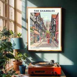 York Shambles Vintage Travel Poster Red, Blue & Green UK Cityscape - thumbnail 2