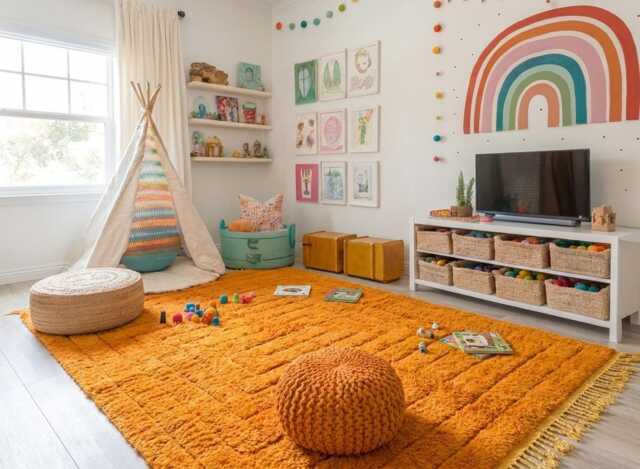 Orange Striped Shag Moroccan Rug - Modern Boho Living Room Decor Large Area Handmade Berber Wool Carpet Tufted - image 1