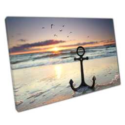 Canvas Wall Art Anchor On Calm Beach At Sunset For Home Office Decor - thumbnail 1