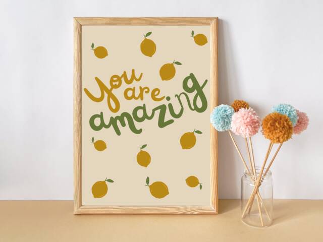 Muted Lemon Print. Positive Affirmation Wall Art, You're Amazing Quote For Girls Rooms, Boys Rooms Or A Playroom - Print Only - image 1