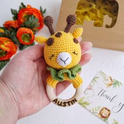 Giraffe Baby Girl Gift Basket With Giraffe Toy, Hand Knit Bonnet & Booties, Pregnancy Announcement Set - thumbnail 4