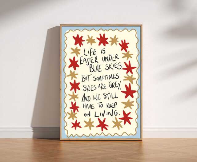 Life Is Easier Under Blue Skies Print - Cosy Retro Motivational Wall Art Quote, Star Border Poster, Positive Red Mid Century Decor - image 1