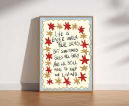 Life Is Easier Under Blue Skies Print - Cosy Retro Motivational Wall Art Quote, Star Border Poster, Positive Red Mid Century Decor - thumbnail 1