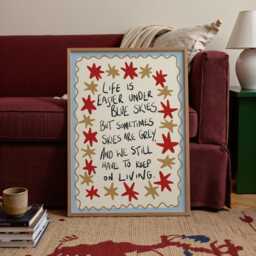 Life Is Easier Under Blue Skies Print - Cosy Retro Motivational Wall Art Quote, Star Border Poster, Positive Red Mid Century Decor - thumbnail 3