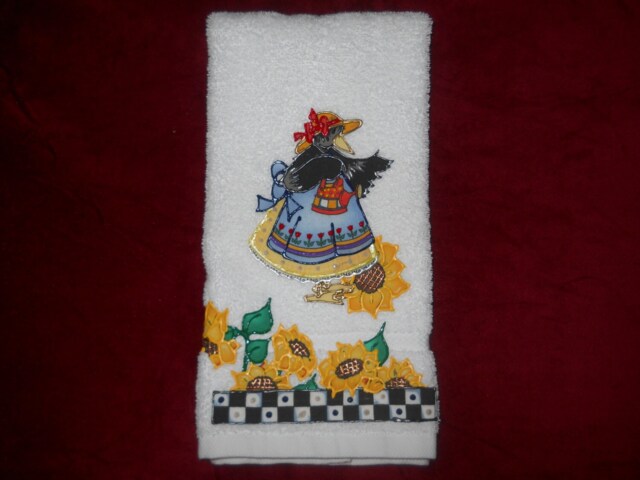Appliqued Sunflower Bathroom Or Kitchen Hand Towel Crow in Bonnet, Hand-Painted Cotton - image 1