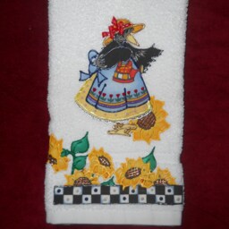 Appliqued Sunflower Bathroom Or Kitchen Hand Towel Crow in Bonnet, Hand-Painted Cotton - thumbnail 3