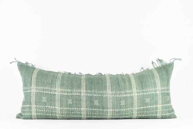 Aqua Fringe Long Lumbar Pillow Cover Handwoven Wool, Linen Back