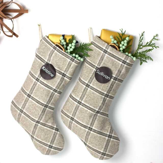 Handmade Plaid Christmas Stocking With Custom Name Tag - image 1