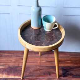 Handcrafted Mango Wood Side Table Bronze Embossed Metal Accent - thumbnail 3