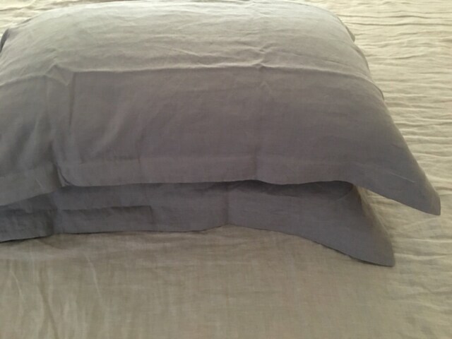 Set Of Two Shabby Chic Flanged Oxford Style Pre Washed 100% Flax Linen Pillow Case Cover Shams Stone Grey/White - image 1