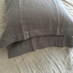 Set Of Two Shabby Chic Flanged Oxford Style Pre Washed 100% Flax Linen Pillow Case Cover Shams Stone Grey/White - thumbnail 2