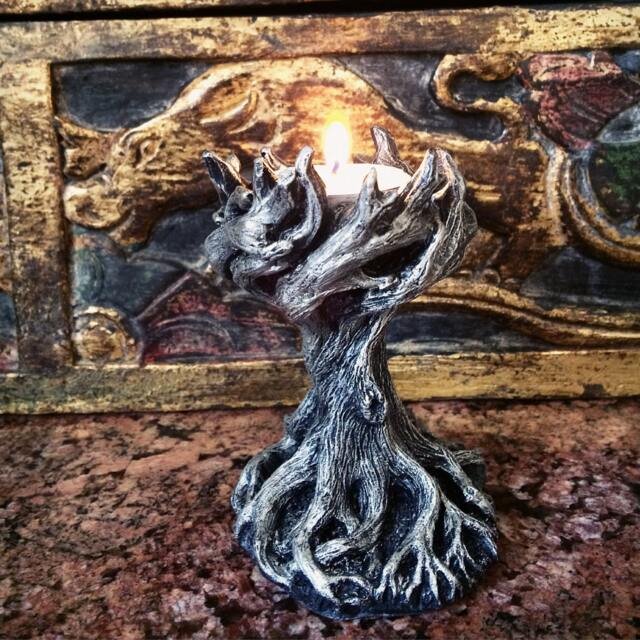 Tree Tea Light Holder, Yggdrasil The World Tree, Hand Painted Resin Sculpture - Earthy Fantasy Decor Witchy Gift & Gothic Home - image 1