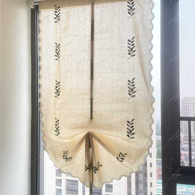 Olive Embroidered Tie Up Curtain, Farmhouse Balloon Curtain For Small Window - image 1