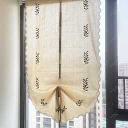 Olive Embroidered Tie Up Curtain, Farmhouse Balloon Curtain For Small Window - thumbnail 1