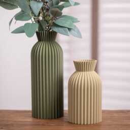 Tall Vase Olive Green Decorative Ornament Ripple Pattern in Neutral Colours, Home Decor - thumbnail 1
