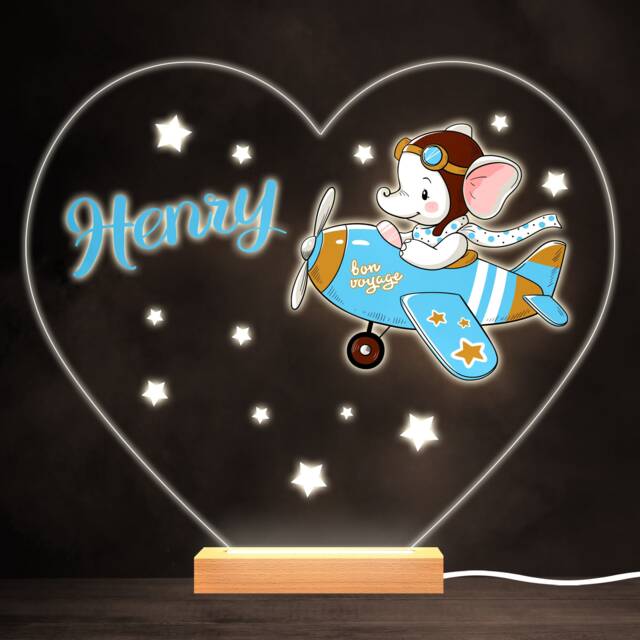Aeroplane Flying Baby Elephant Bright Heart Personalised Gift Lamp Night Light - Bedroom - image 1