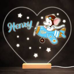Aeroplane Flying Baby Elephant Bright Heart Personalised Gift Lamp Night Light - Bedroom