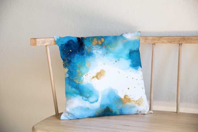 Teal Watercolour Cushion Cover Blue Pillow Home Decor Gold Abstract - image 1