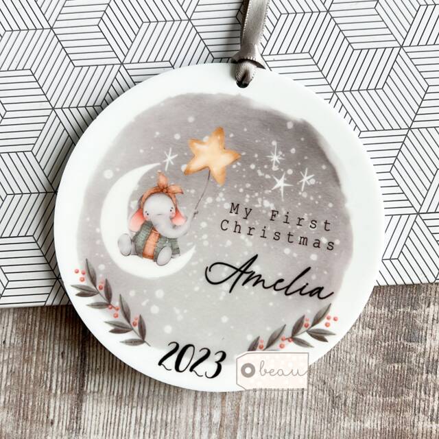 Personalised Baby Babies Baby's My First Christmas Gift Boy Newborn Elephant Moon Stars Scene Design Ceramic Round Ornament Keepsake