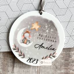 Personalised Baby Babies Baby's My First Christmas Gift Boy Newborn Elephant Moon Stars Scene Design Ceramic Round Ornament Keepsake