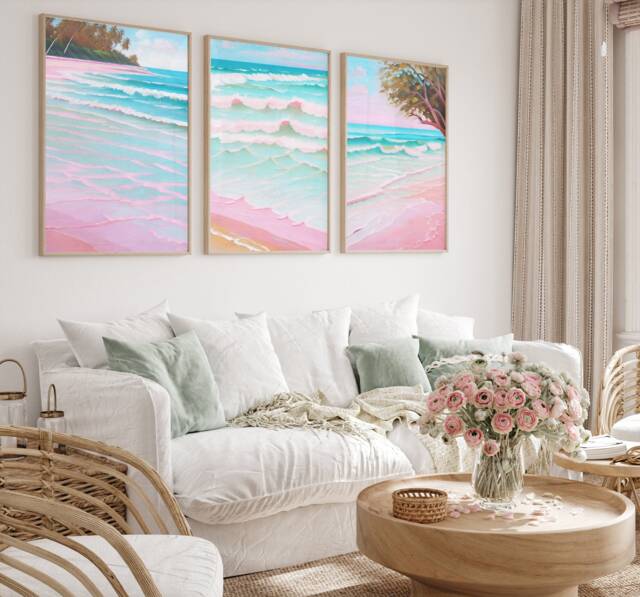 Beach Wall Art, Set Of 3 Prints, Neutral Art Pink Water Colour Print Coastal Wave Beige, Bright Prints Ocean Picture - image 1
