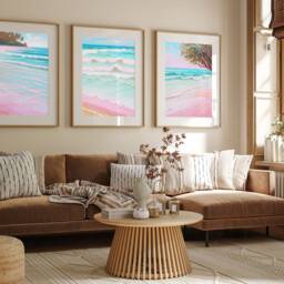 Beach Wall Art, Set Of 3 Prints, Neutral Art Pink Water Colour Print Coastal Wave Beige, Bright Prints Ocean Picture - thumbnail 2