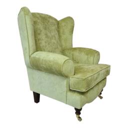 Queen Anne Wingback Chair Olive Green Cottage Style With Brass Castors