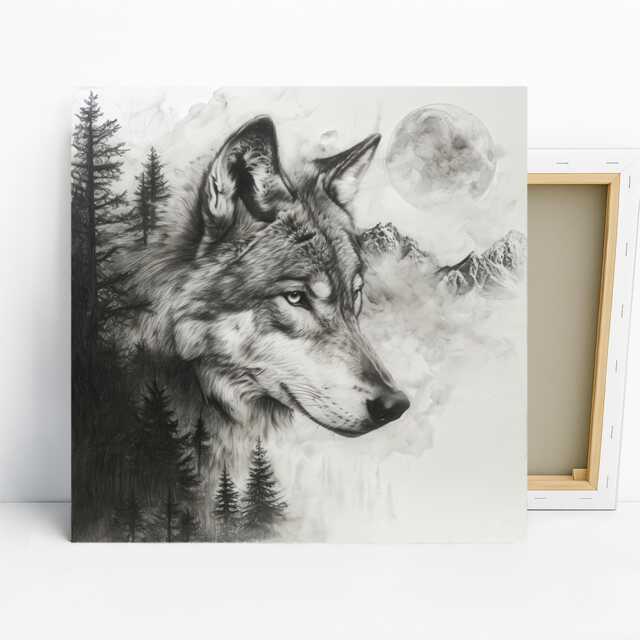 Wolf Moon Forest Art, Poster Or Canvas, Nature Rustic Modern Decor, Living Room Bedroom Wall Black & White Grey, Animal Art - image 1