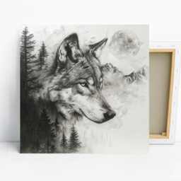 Wolf Moon Forest Art, Poster Or Canvas, Nature Rustic Modern Decor, Living Room Bedroom Wall Black & White Grey, Animal Art - thumbnail 1