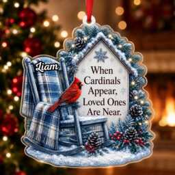Custom Name Red Cardinal Chair Memorial Ornament, Xmas Tree Car Hanging Decor, Flat 2D Ornament Acrylic Wooden Remembrance Gift 2026