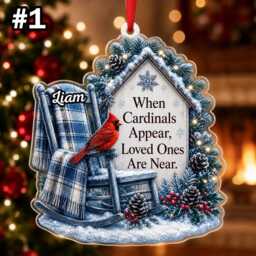 Custom Name Red Cardinal Chair Memorial Ornament, Xmas Tree Car Hanging Decor, Flat 2D Ornament Acrylic Wooden Remembrance Gift 2026 - thumbnail 3