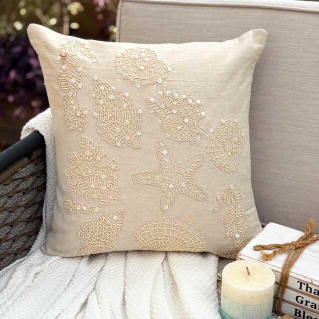 Beige Cotton & Linen Mother Of Pearl Sea Creature Pattern, Beach Style Throw Pillow Cover - Pearly Bed - image 1