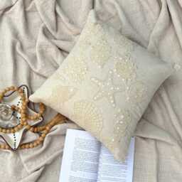 Beige Cotton & Linen Mother Of Pearl Sea Creature Pattern, Beach Style Throw Pillow Cover - Pearly Bed - thumbnail 2