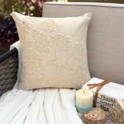 Beige Cotton & Linen Mother Of Pearl Sea Creature Pattern, Beach Style Throw Pillow Cover - Pearly Bed - thumbnail 3