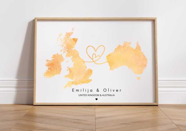 Personalised Watercolour Map Print, Two Countries, Custom Wall Art - Digital File - image 1
