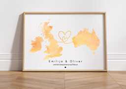 Personalised Watercolour Map Print, Two Countries, Custom Wall Art - Digital File - thumbnail 1