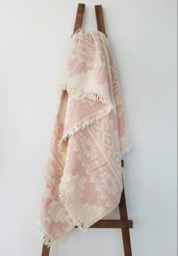 Pastel Pink Aztec Blanket - 100% Cotton Boho Throw - thumbnail 1