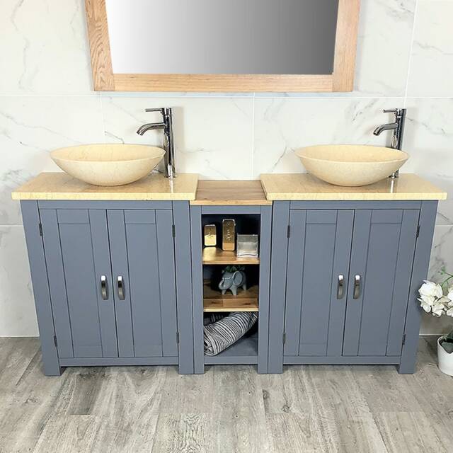 Bathroom Vanity Unit - Sink Washstand Slimline Grey Painted With Cream Marble Worktop & Sit On Basins Taps Plugs Included - image 1