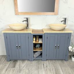 Bathroom Vanity Unit - Sink Washstand Slimline Grey Painted With Cream Marble Worktop & Sit On Basins Taps Plugs Included