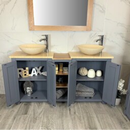Bathroom Vanity Unit - Sink Washstand Slimline Grey Painted With Cream Marble Worktop & Sit On Basins Taps Plugs Included - thumbnail 3