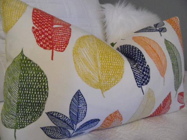 Fall.leaves.geometric.blue.citron.orange.green.natural.fun Pillow Cover.bold Print.home Decor.designer Fabric.slip Cover.summer Decor.spring - image 1