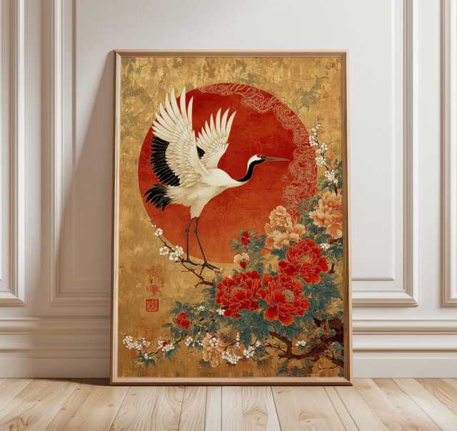 Japanese Crane Ukiyo-E Art Print, Red Peony Gold Wall Decor, Traditional Asian Poster - image 1
