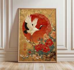 Japanese Crane Ukiyo-E Art Print, Red Peony Gold Wall Decor, Traditional Asian Poster - thumbnail 1
