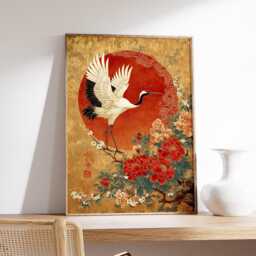 Japanese Crane Ukiyo-E Art Print, Red Peony Gold Wall Decor, Traditional Asian Poster - thumbnail 2