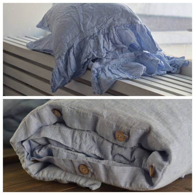 Duvet Cover Set & Pillow With Ruffle Melange Blue Color Stone Washed Seamless Full King Quilt Linen Duvet Cover Full - image 1