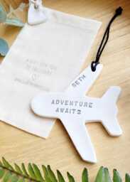 Personalised Aeroplane, Adventure Awaits Airplane Decoration, Cabin Crew, Pilot, Inspirational Clay Keepsake, Travel The World, Fly High - thumbnail 1