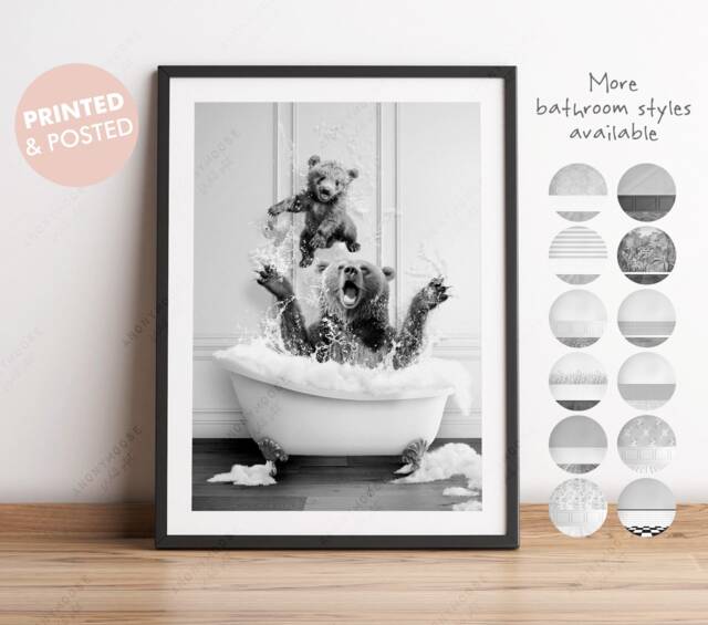 Black & White Daddy Bear Father's Day Gift. 1, 2 Or 3 Cubs With in Bath Tub Print, Funny Gift, Bathroom Print - image 1