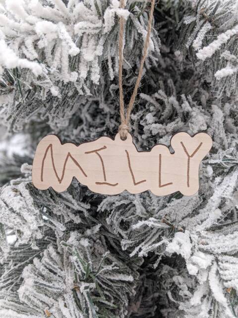 Kid's Handwriting Ornament, Your Child's Christmas Keepsake, Drawing, Artwork, Personalized Name, Grandparents Gift, Family, Wood Engraved - image 1